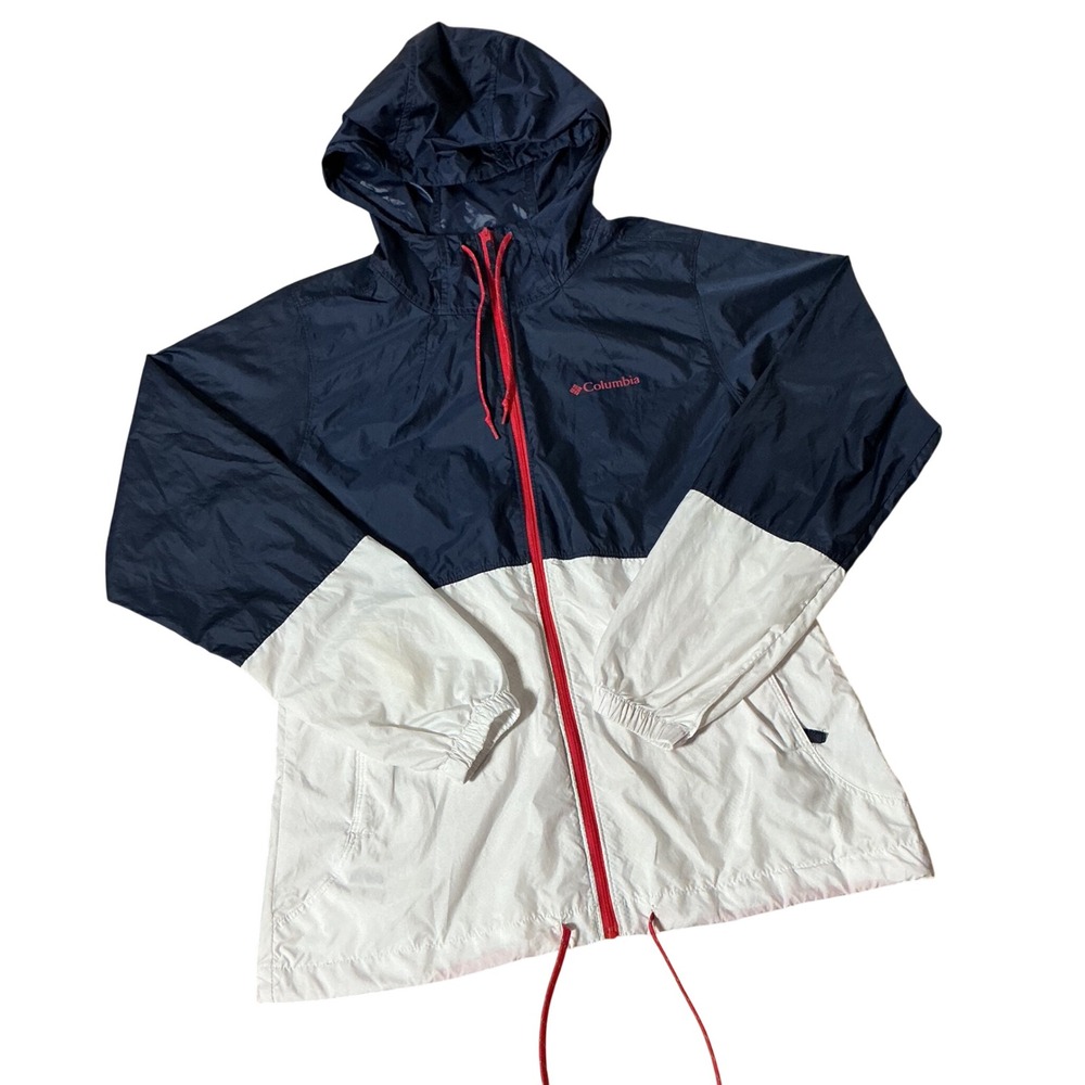 Columbia Windbreaker Jacket Womens Small Navy White Red Full Zip Hooded KL3010‎
